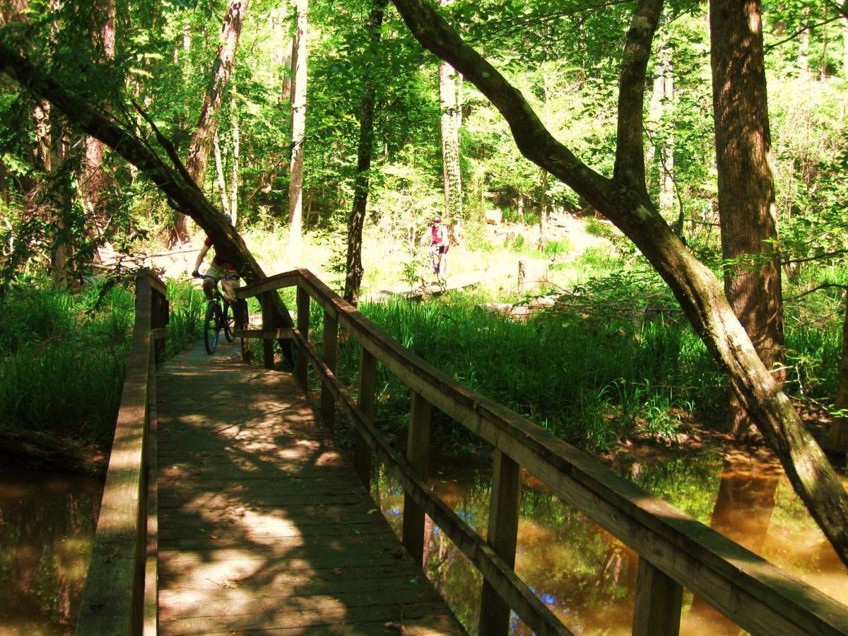 A wooden bridge crosses a gently flowing stream in a lush green forest. A cyclist is riding across the bridge, while another person walks alongside the stream in the background. The scene is filled with vibrant foliage, creating a serene and peaceful atmosphere. Clear Springs Rec. Area mountain bike trail.