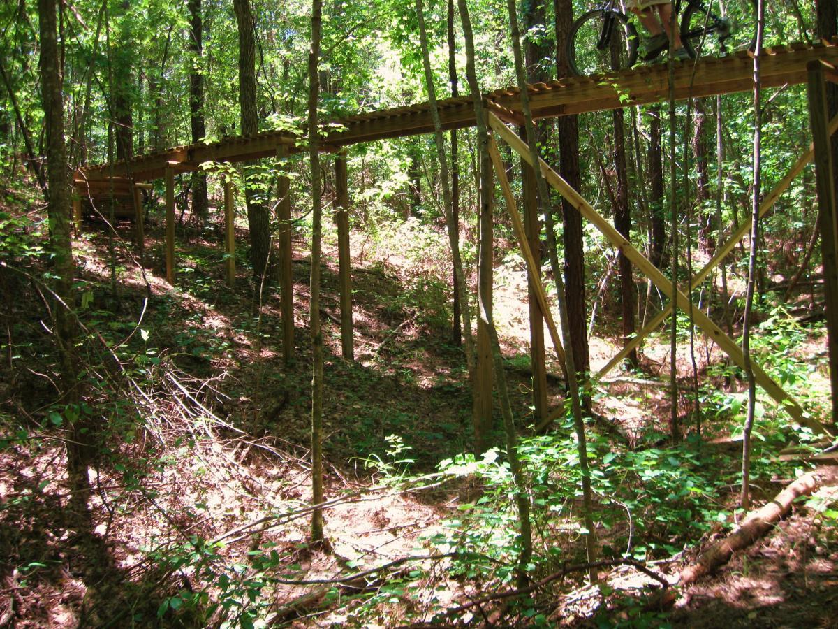 A wooden bike ramp elevated above a forested area, surrounded by lush green trees and underbrush. A cyclist can be seen riding on the ramp, which is supported by wooden beams. The scene is bright and sunny, highlighting the natural landscape below. Mt. Zion Bike Trails mountain bike trail.
