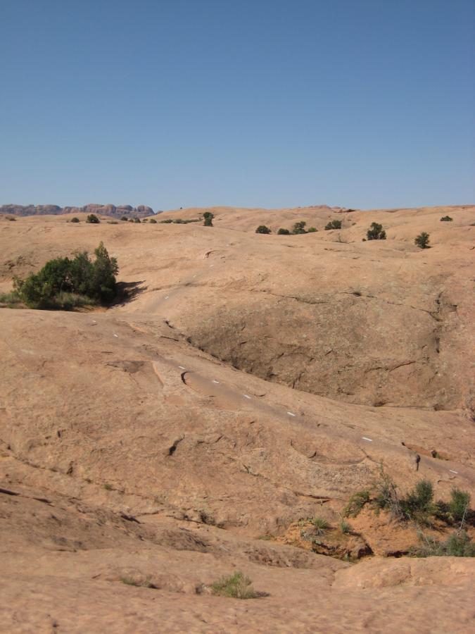 A rocky desert landscape featuring smooth, bare terrain with small patches of greenery. The sky is clear blue, and the horizon showcases distant mountains, creating a vast and arid atmosphere. Slickrock mountain bike trail.