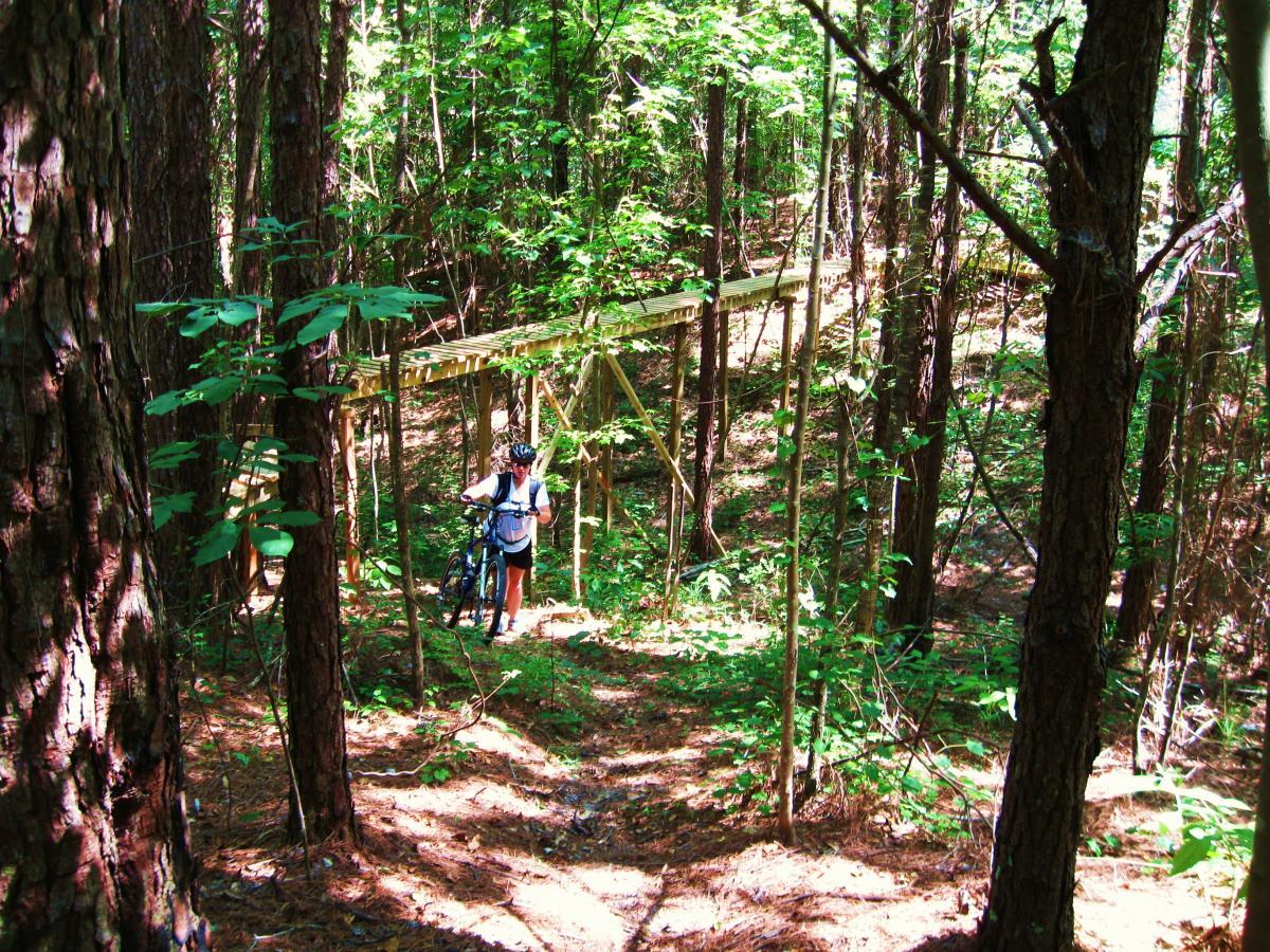 A person standing in a wooded area, holding a mountain bike, with a narrow wooden bridge visible in the background among the trees. The scene is bright and lush, showcasing green foliage and tall pine trees. Mt. Zion Bike Trails mountain bike trail.