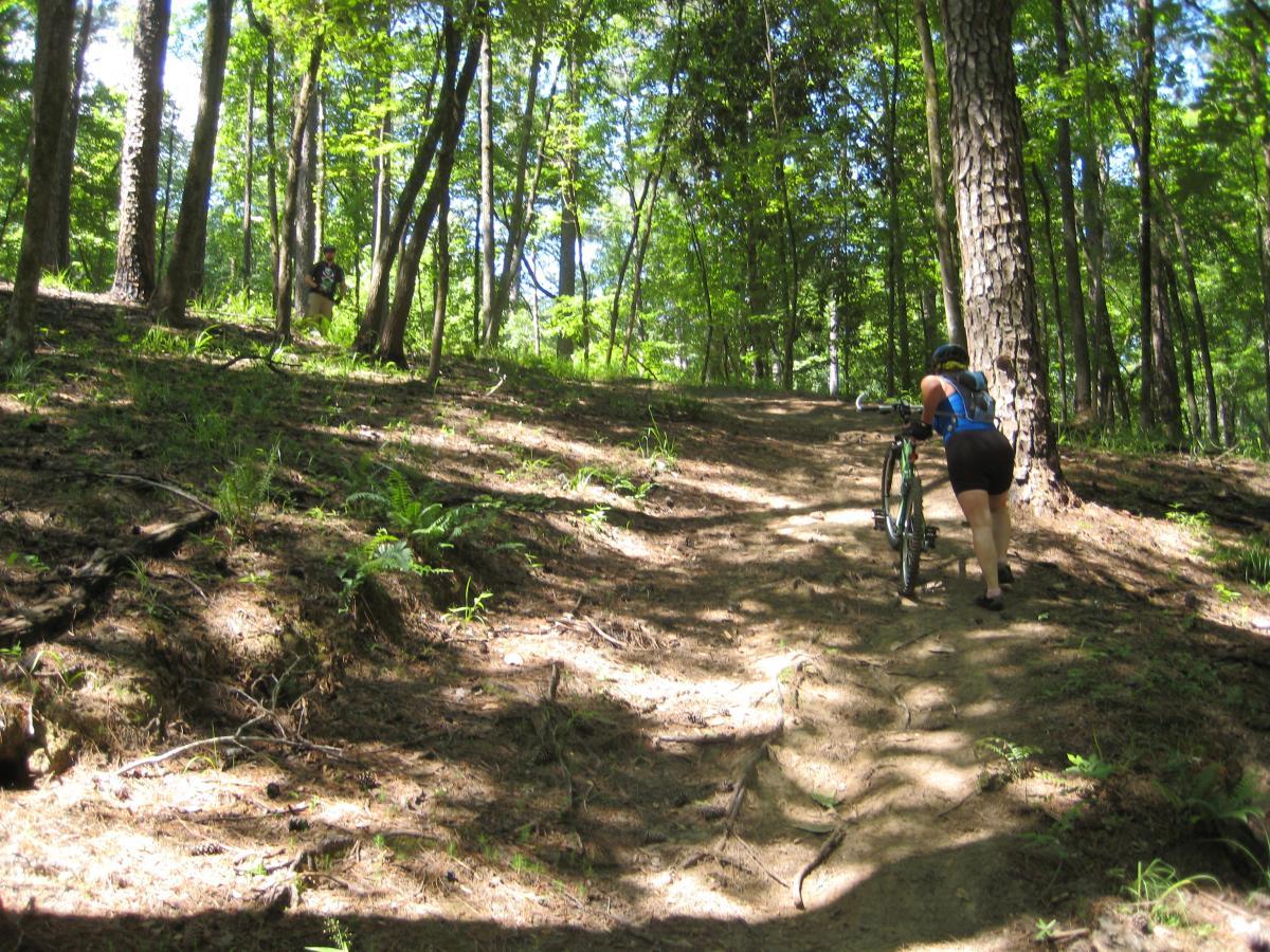 A person pushing a bicycle uphill on a dirt trail in a wooded area, surrounded by tall trees and lush greenery. Clear Springs Rec. Area mountain bike trail.