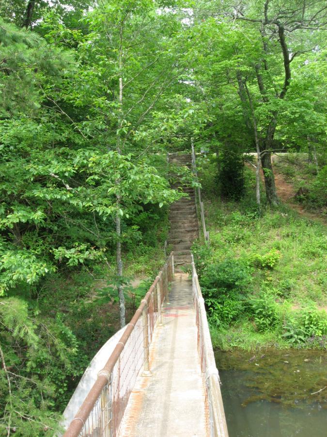 A narrow footbridge made of concrete and metal railings spans a small body of water. The bridge leads to a set of stone stairs ascending into a lush green forest, surrounded by dense foliage and trees in various shades of green. The scene captures the tranquility of nature, with sunlight filtering through the leaves. Lake Russell Loop mountain bike trail.