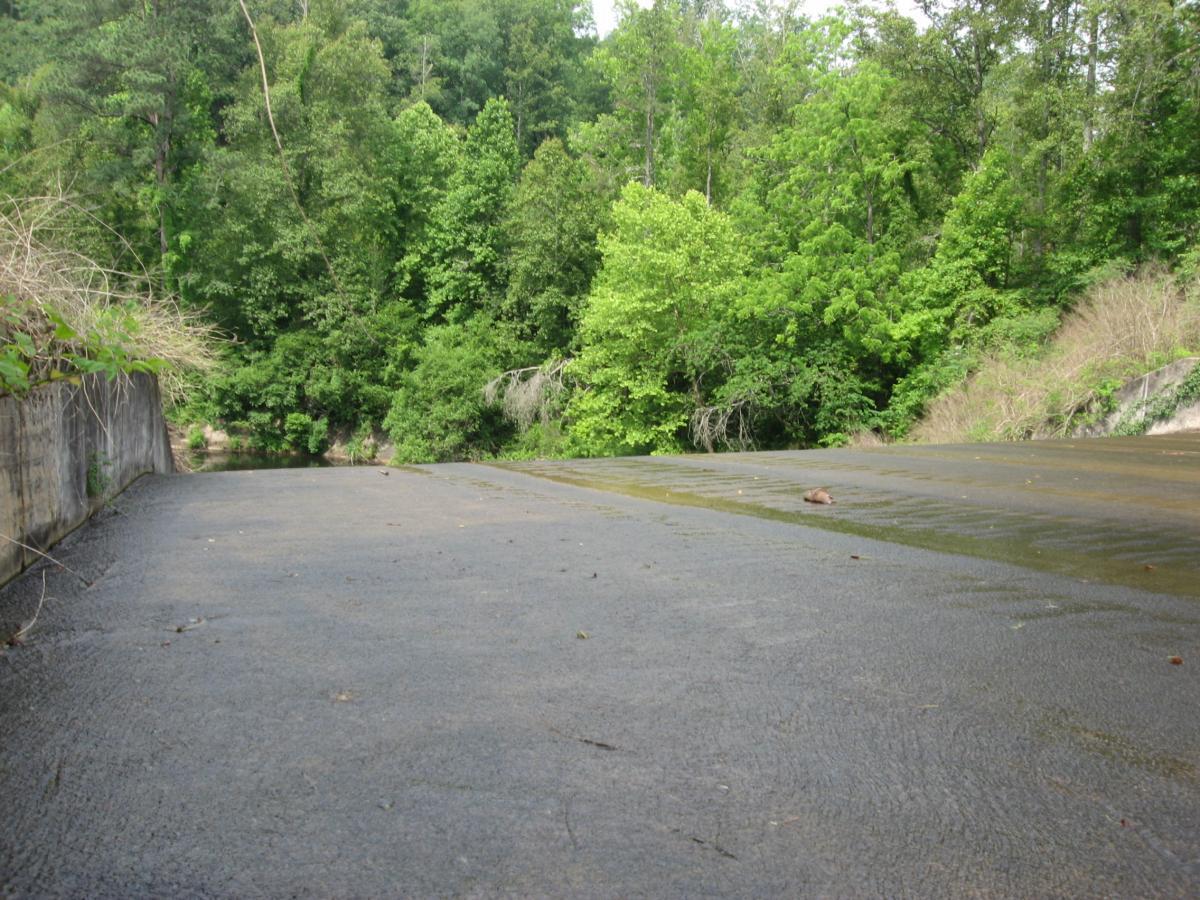 A view of a concrete surface leading into a lush, green forested area. The ground appears slightly wet, with patches of vegetation along the edges. Dense trees surround the area, indicating a natural landscape with a serene atmosphere. Lake Russell Loop mountain bike trail.