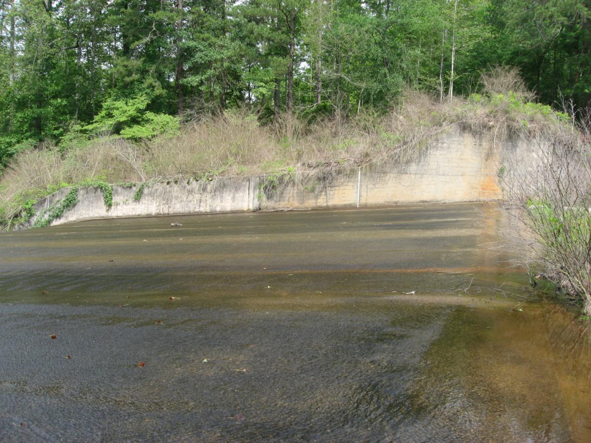 A tranquil scene showing a shallow body of water bordered by a weathered concrete wall. Lush greenery surrounds the area, including trees and underbrush, with some vines climbing the wall. The water reflects the surrounding landscape, creating a peaceful atmosphere. Lake Russell Loop mountain bike trail.