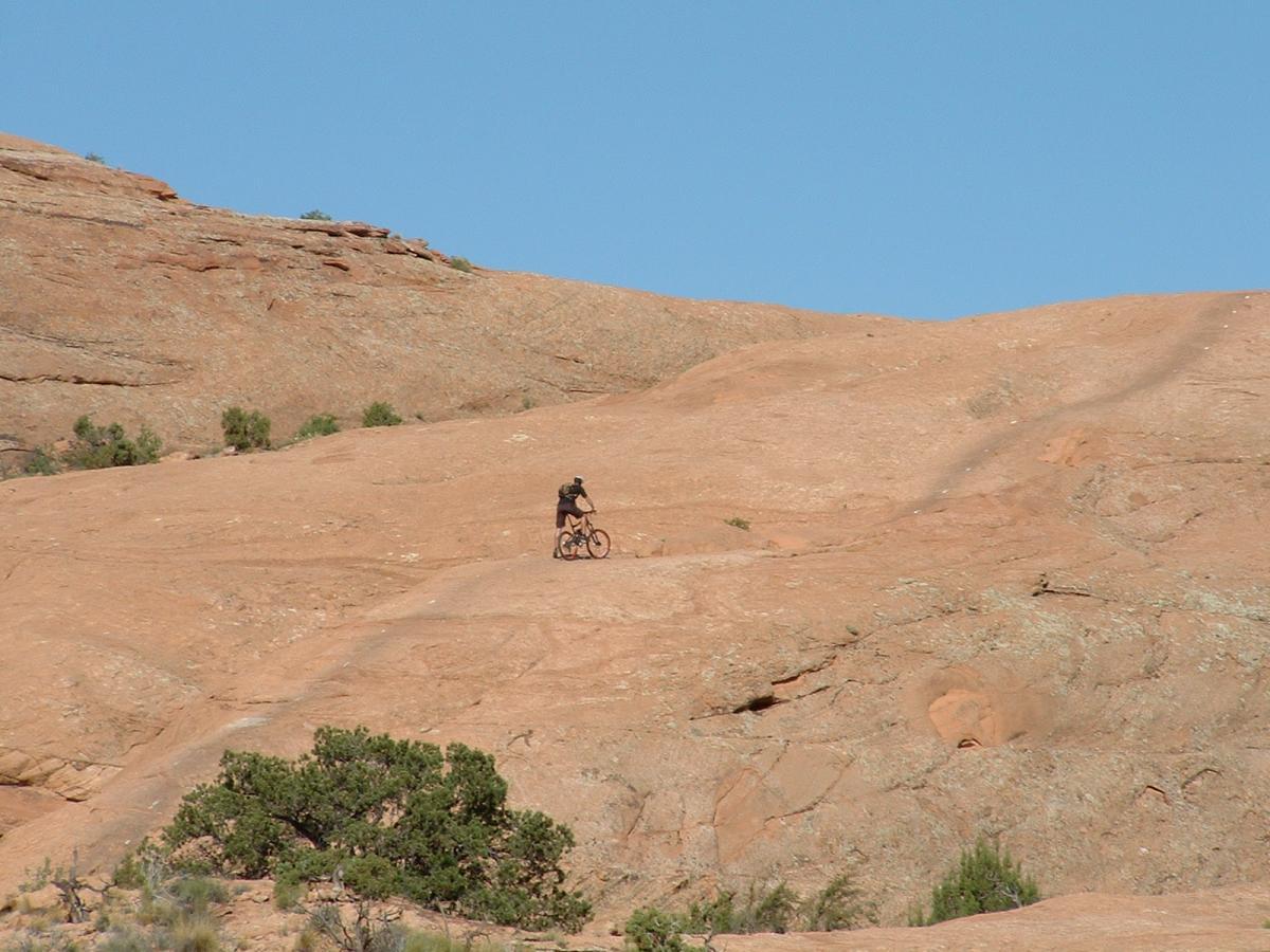A mountain biker rides along a rocky terrain under a clear blue sky, with sparse vegetation visible in the foreground. The landscape features reddish-brown rock formations and a winding path. Slickrock mountain bike trail.