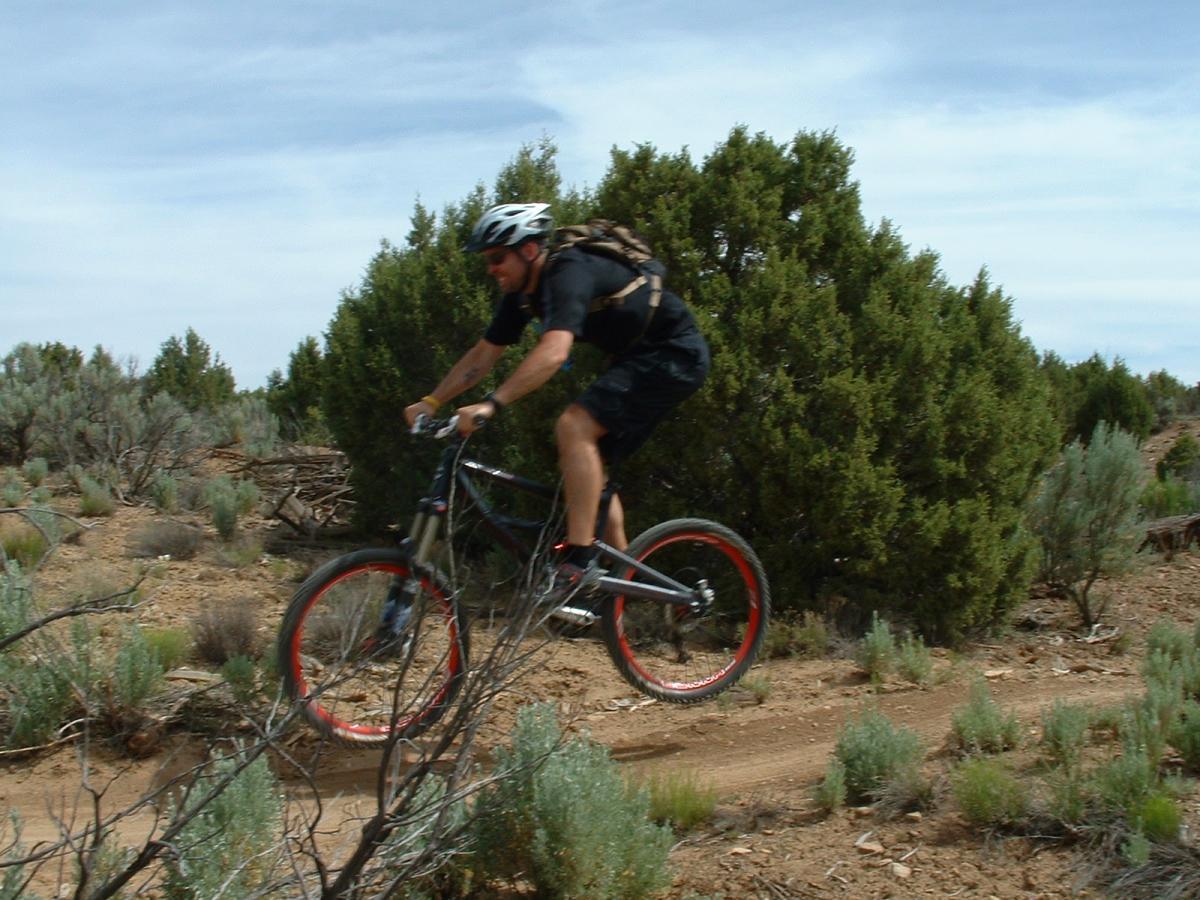 A man wearing a helmet and a backpack is mountain biking on a dirt trail surrounded by shrubs and bushes. The rider is captured mid-jump, with his bicycle's front wheel elevated off the ground. The scene is set under a partly cloudy sky, showcasing a rugged outdoor environment. Phil's World mountain bike trail.