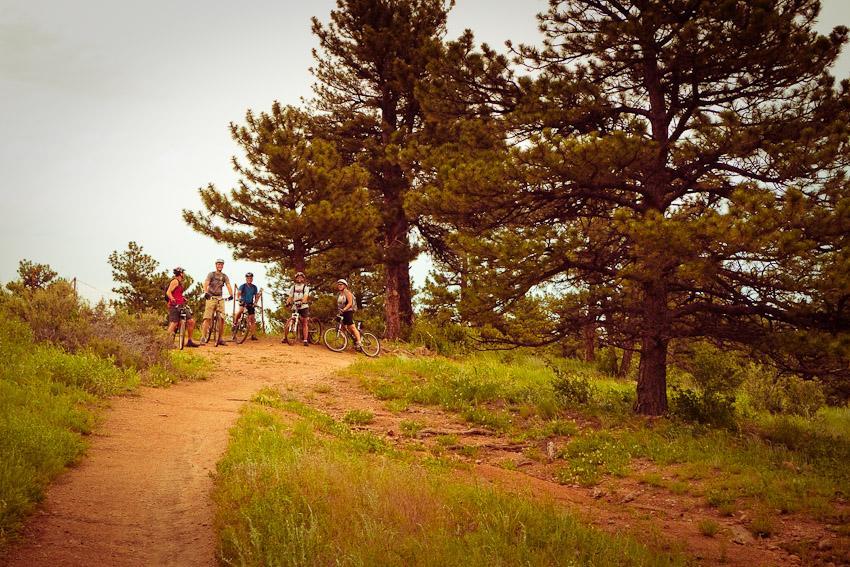 A group of five cyclists takes a break on a dirt path surrounded by green grass and pine trees in a natural outdoor setting. The sky is overcast, and the participants are wearing helmets and casual athletic clothing, with their mountain bikes parked nearby. Hall Ranch mountain bike trail.