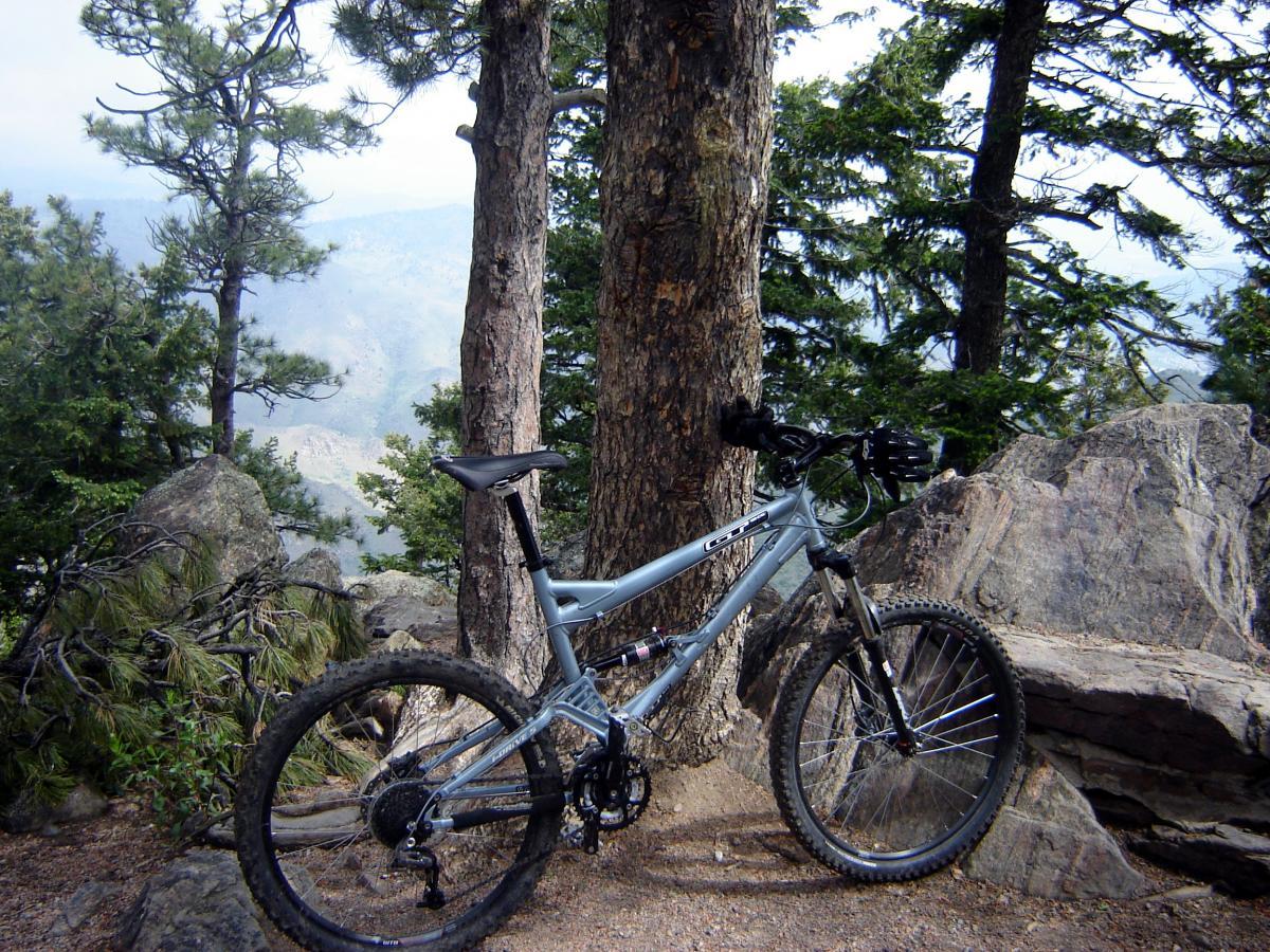 A mountain bike resting on rocky terrain, situated between two tall trees in a forested area. The background reveals a misty landscape with distant hills and trees, suggesting an outdoor adventure setting. Chimney Gulch mountain bike trail.