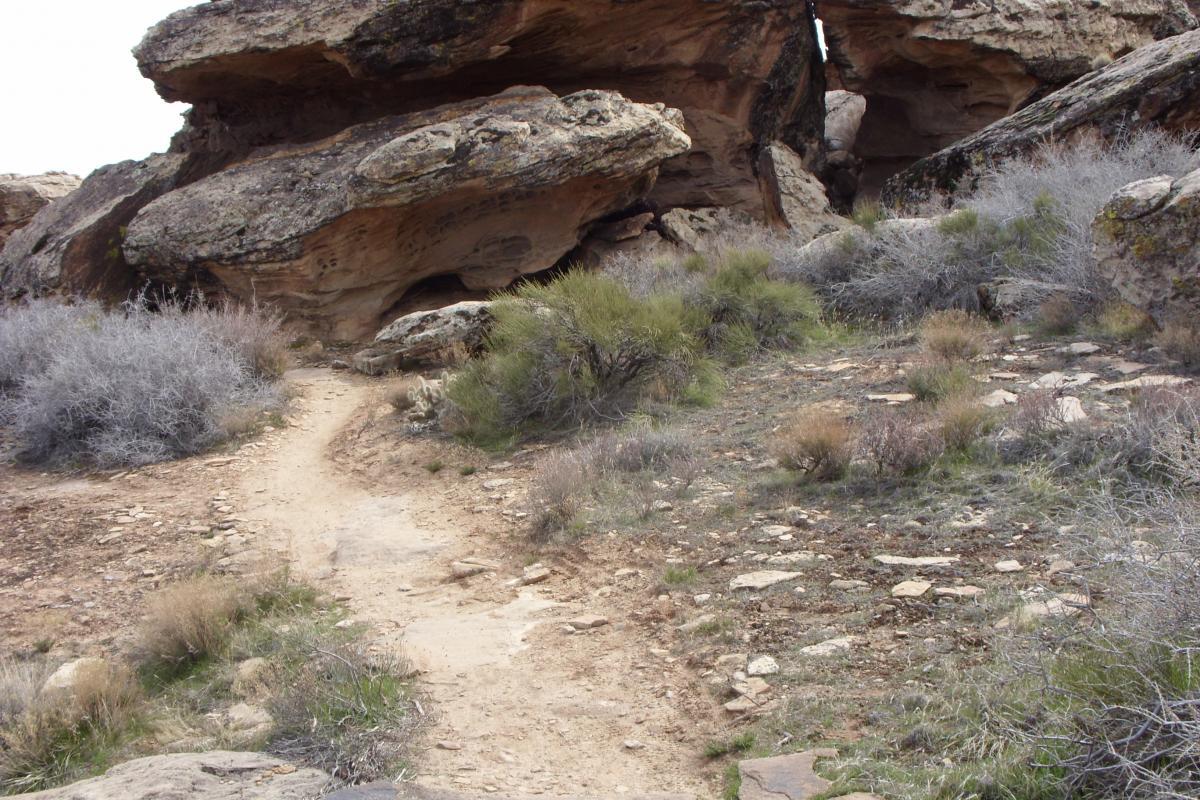 A winding dirt path leads through a rocky landscape with large boulders and sparse vegetation, surrounded by shrubs and dry grass. The sky is overcast, adding a moody atmosphere to the natural scene. Zen Trail mountain bike trail.