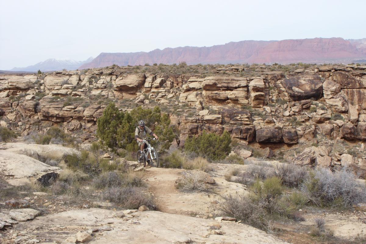 A mountain biker navigating a rocky trail in a rugged desert landscape, with steep rock formations and distant mountains in the background. Scrub vegetation and dry grass are visible along the path. Zen Trail mountain bike trail.