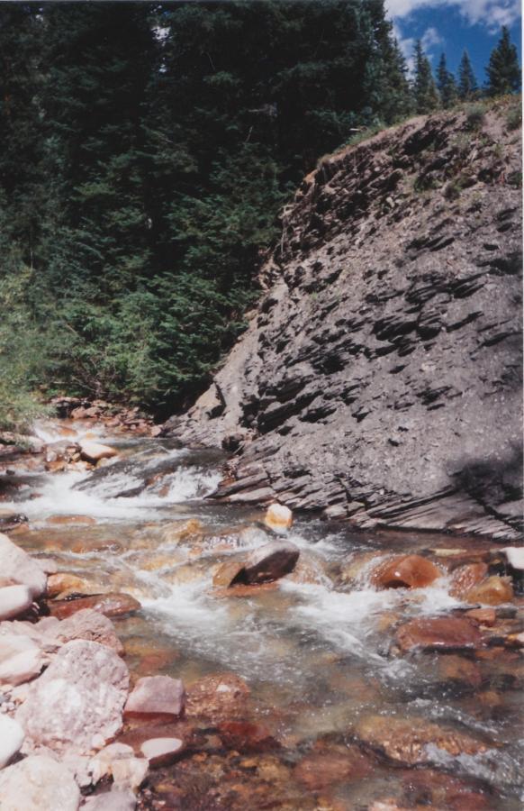 A serene mountain stream flowing over smooth rocks, with a rocky slope on one side and lush evergreen trees on the other. The water glistens under a clear blue sky, creating a peaceful natural scene. Trail 401 mountain bike trail.
