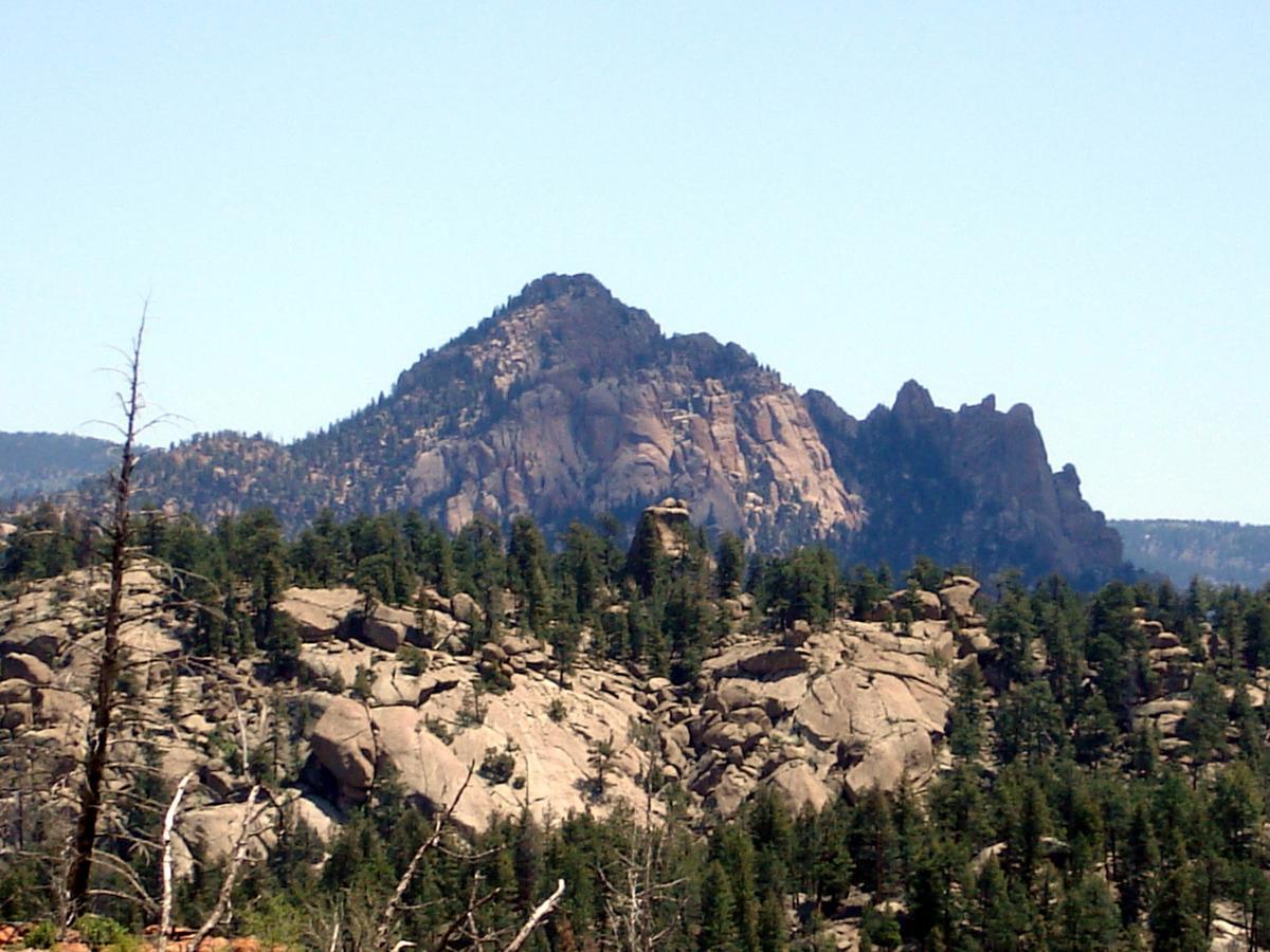 A scenic view of a mountainous landscape featuring rocky peaks and dense evergreen trees under a clear blue sky. The foreground shows a rocky terrain with some dry trees, while the background highlights towering mountains with varying rocky formations. Buffalo Creek mountain bike trail.