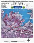 Map of Rock Hawk Park, highlighting hiking, biking, camping, and fishing trails. The map features a detailed layout of the park's trails, waterways, and surrounding areas, with marked routes and points of interest. Rock Hawk mountain bike trail.