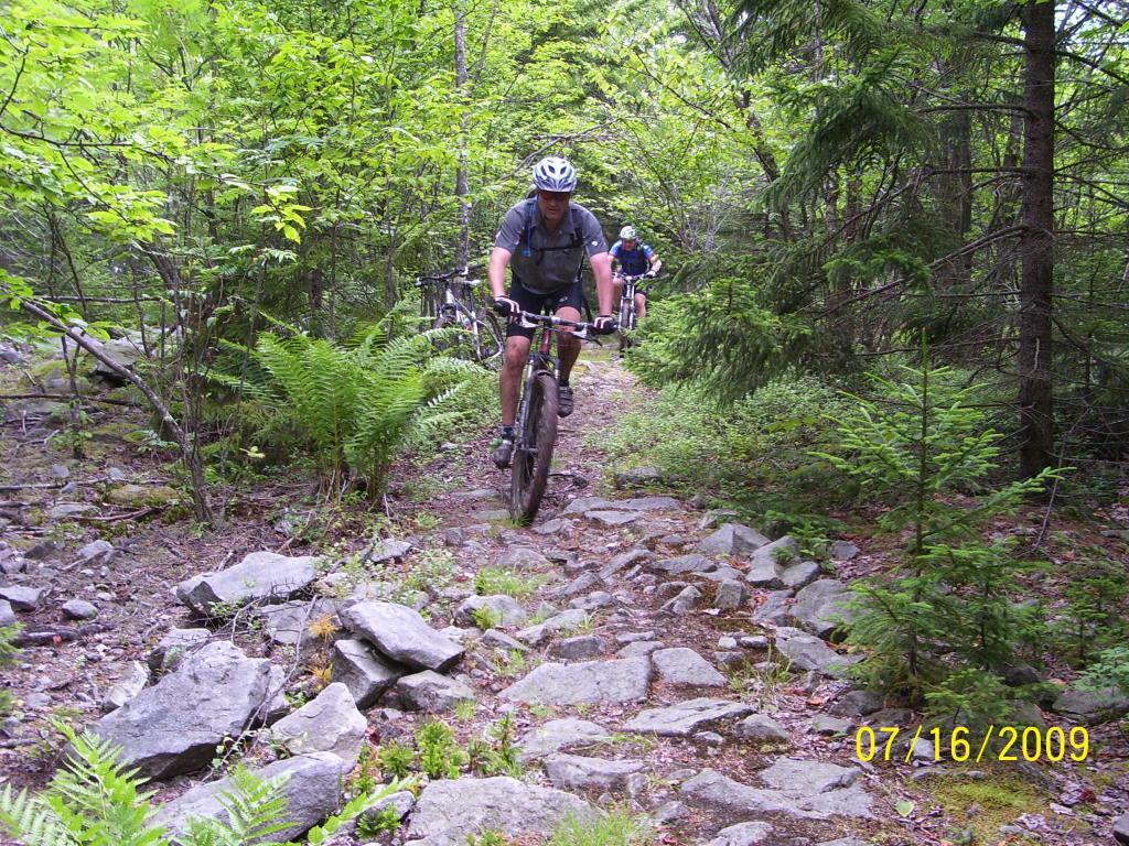 Two mountain bikers navigating a rocky trail surrounded by dense greenery and ferns. The first rider is in the foreground, wearing a helmet and biking gear, while the second rider follows in the background. Gauley-bearpen-boundary-shoals-loop mountain bike trail.