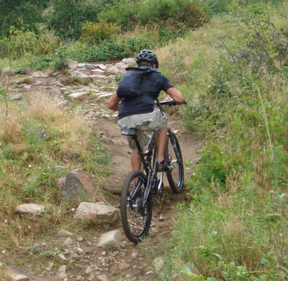 A person riding a mountain bike up a rocky trail surrounded by greenery and tall grass. The cyclist is wearing a helmet and a backpack, focused on navigating the uneven terrain. Apex Park mountain bike trail.