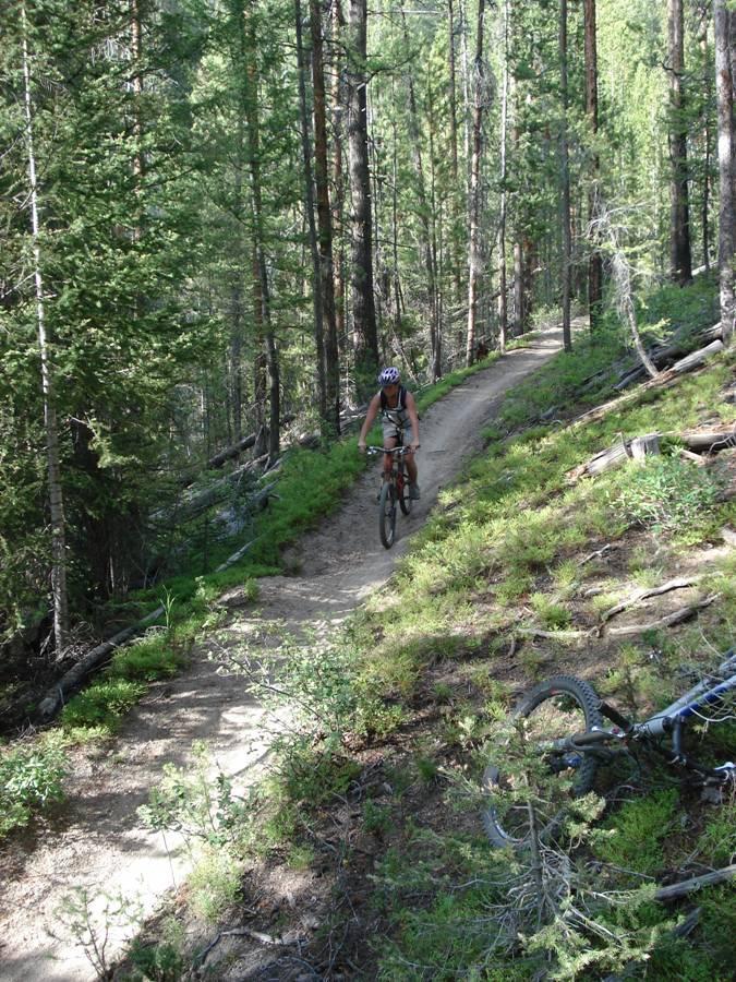 A person riding a mountain bike on a narrow dirt trail through a dense forest, surrounded by tall trees and green vegetation. Another bicycle is partially visible in the foreground, suggesting an active outdoor environment. Fisher Creek Loop mountain bike trail.