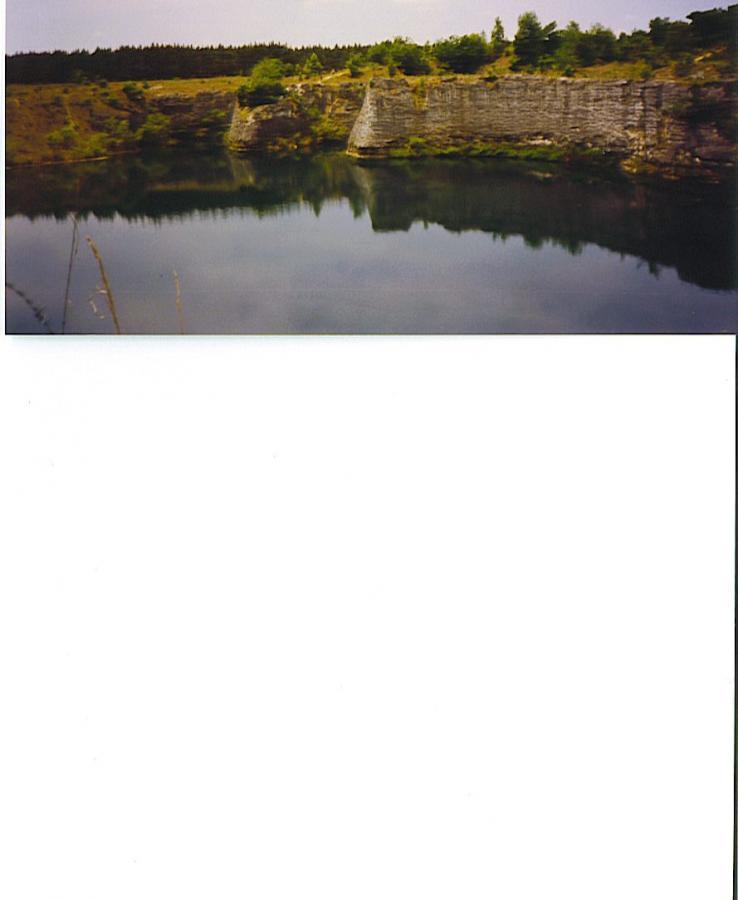 A serene landscape featuring a calm body of water reflecting a rocky cliff and lush greenery. The cliff is partially covered with trees, and the scene is set against a cloudy sky. The peaceful atmosphere invites a sense of tranquility. Haile's Trails mountain bike trail.