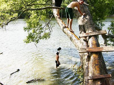 Two children playing by a body of water, with one climbing a tree and the other standing in shallow water below. The tree has a makeshift ladder and a rope swing hanging from a branch. Surrounding them are green leaves and a calm water surface. Bonnet Carre Spillway Trail mountain bike trail.