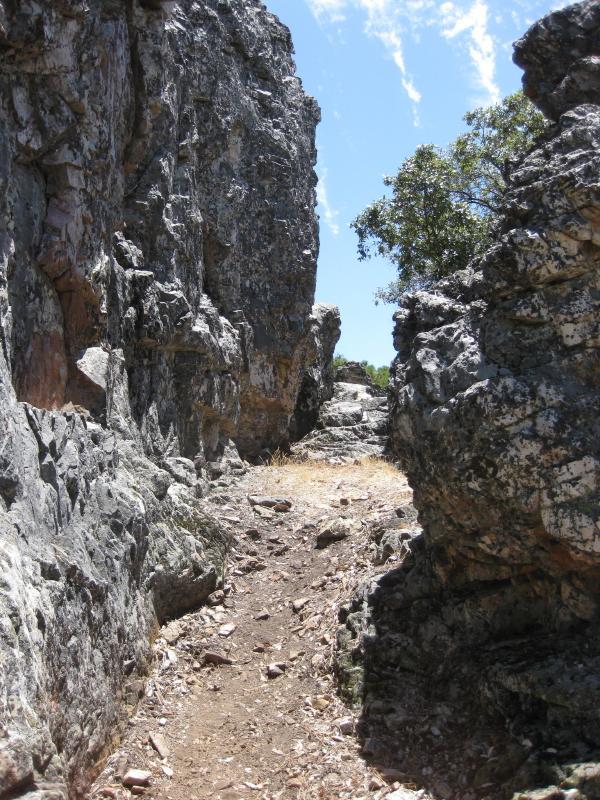 Narrow pathway between two rocky cliffs under a bright blue sky, with some greenery visible on the right. The ground is a mix of dirt and scattered rocks, suggesting a natural outdoor setting. Top Of The World mountain bike trail.