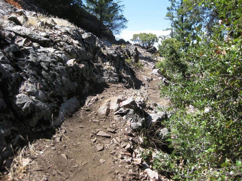 A rocky hiking trail winding through a mountainous landscape, flanked by shrubs and trees under a clear blue sky. Top Of The World mountain bike trail.