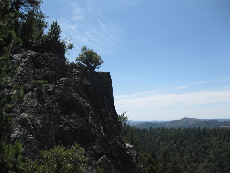 A scenic view of a rocky cliffside with a single tree growing at the edge, overlooking a vast landscape of greenery and rolling hills under a clear blue sky. Top Of The World mountain bike trail.