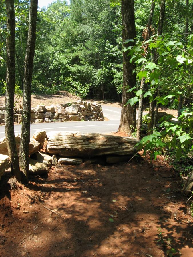 A serene forest setting featuring a pathway leading to a paved road, surrounded by tall trees and lush greenery. A large rock formation is positioned along the edge of the path, with patches of reddish-brown soil visible. The scene is bright and sunny, evoking a peaceful outdoor atmosphere. Harbins Park mountain bike trail.