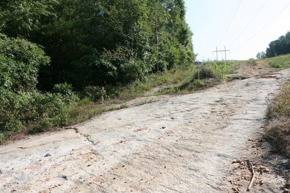A rocky path sloping upwards through a wooded area, flanked by greenery on both sides. Power lines are visible in the distance, and the ground has a rough, uneven texture with patches of dry vegetation. Harbins Park mountain bike trail.