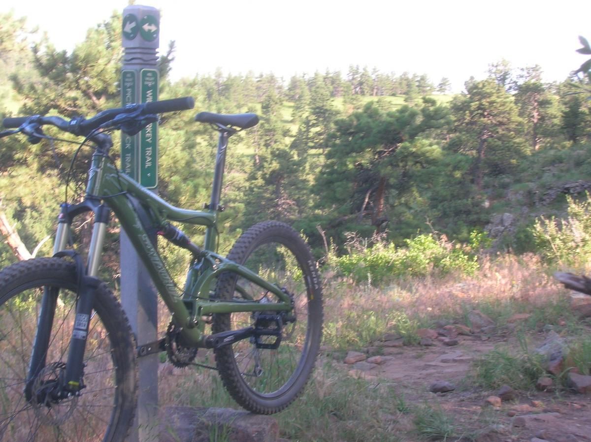 A green mountain bike resting against a trail sign indicating the Whiskey Trail, surrounded by lush greenery and trees in a natural outdoor setting. Heil Valley Ranch mountain bike trail.