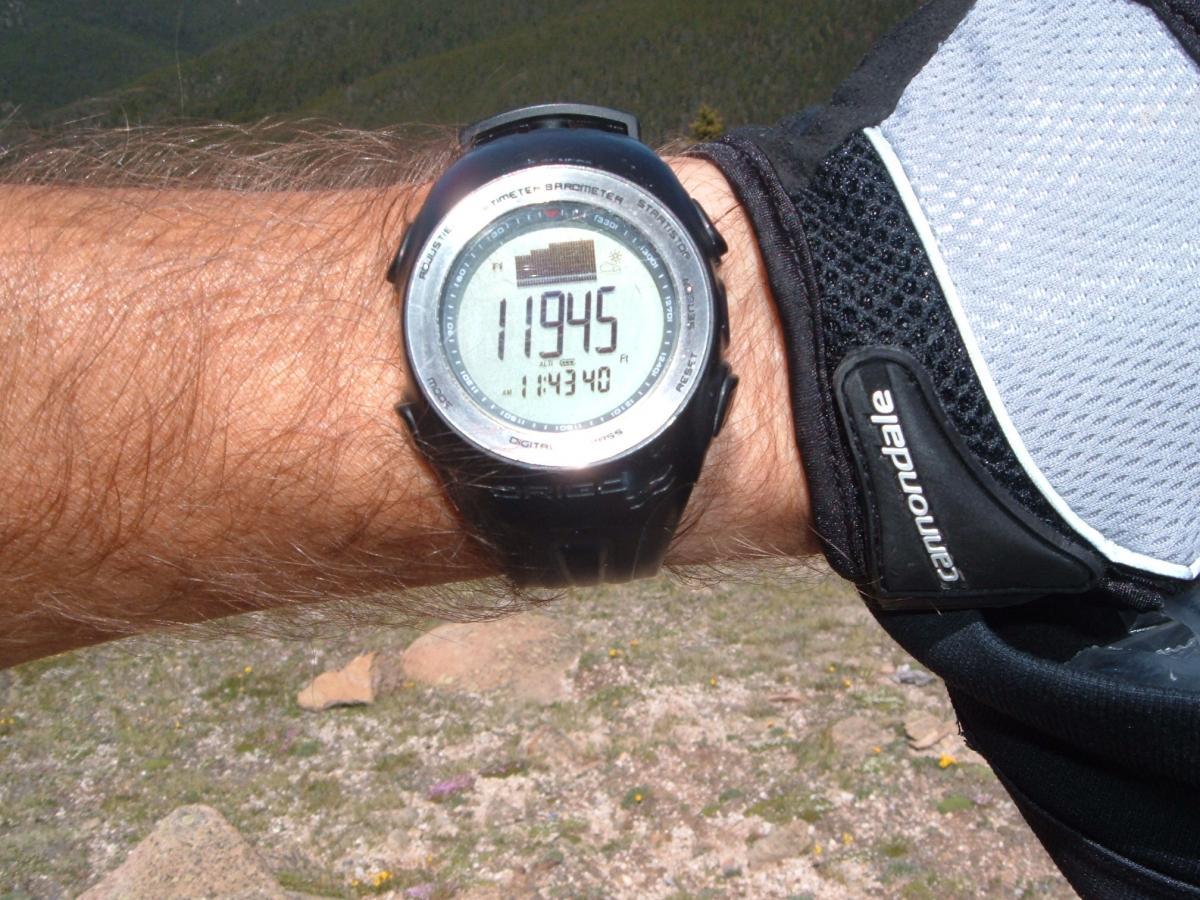 A close-up image of a person's wrist wearing a digital altimeter watch, displaying an altitude of 11,945 feet and the time as 11:34:40. The arm is partially covered with a black glove, and the background features a blurred view of mountainous terrain. Monarch Crest Trail mountain bike trail.