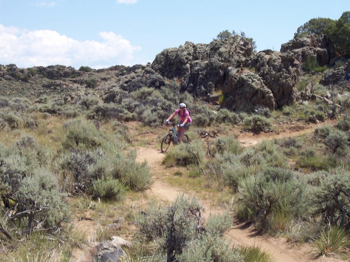 A person riding a mountain bike on a dirt trail surrounded by rocky terrain and sparse vegetation, under a blue sky with scattered clouds. Hartman Rocks mountain bike trail.