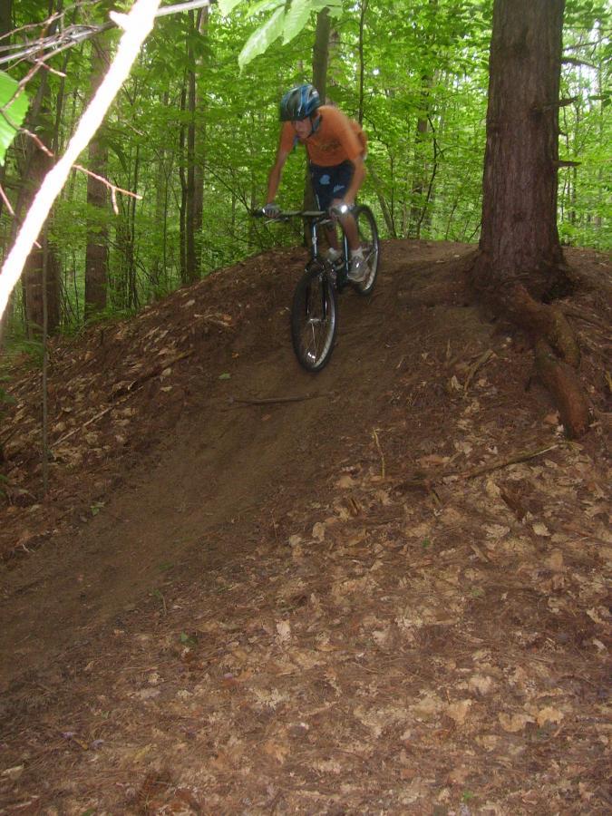 A shirtless cyclist on a mountain bike navigating a dirt slope in a wooded area, surrounded by green foliage and trees. The biker is leaning forward, concentrating on the descent. Saxon Hill mountain bike trail.