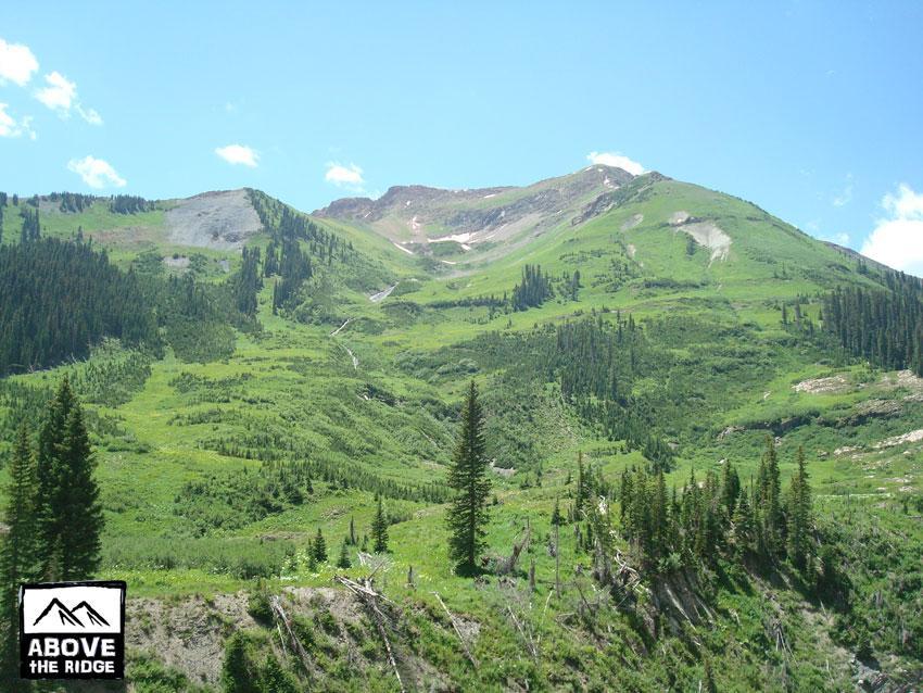 A scenic landscape showcasing a lush green hillside leading up to a mountain, with patches of blue sky and clouds visible above. Sparse evergreen trees dot the foreground, while the mountain in the background is rugged and partially bare, suggesting a mix of terrain. The image conveys a sense of tranquility and natural beauty. Trail 401 mountain bike trail.
