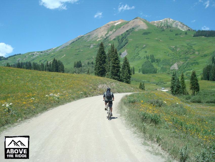 A person riding a mountain bike on a dirt road surrounded by lush green hills and flowering meadows, with a mountain peak in the background under a bright blue sky. The scene captures the beauty of outdoor adventure in a natural setting. Trail 401 mountain bike trail.