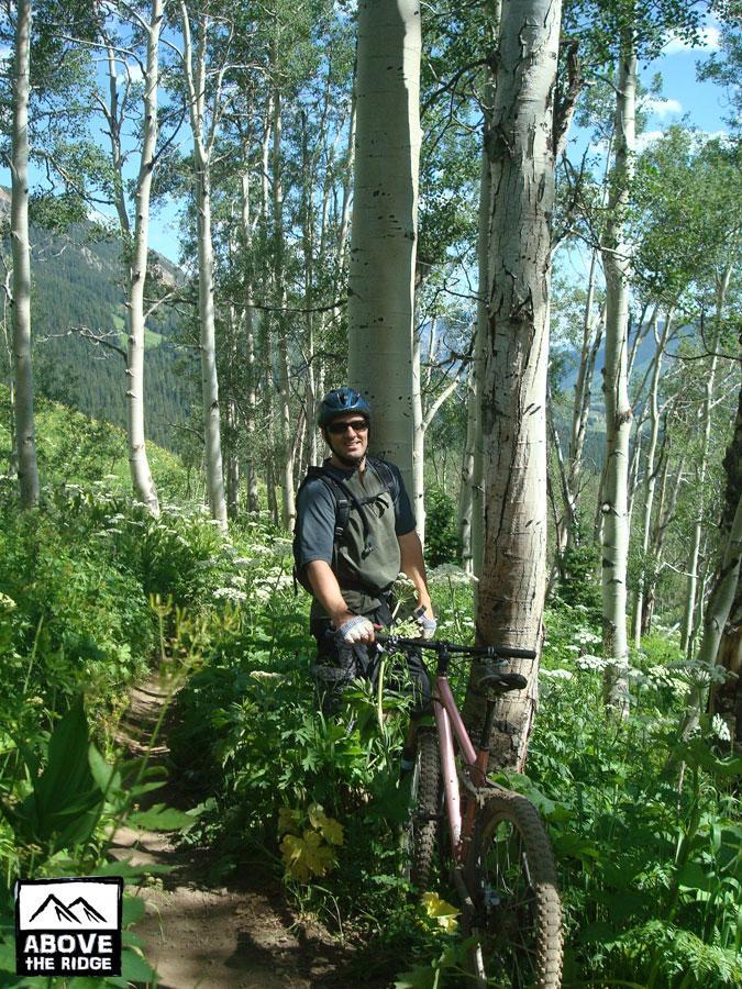A mountain biker stands next to his bike on a narrow, winding trail surrounded by tall trees and lush greenery. The sun shines through the leaves, creating a bright, vibrant atmosphere. Trail 401 mountain bike trail.