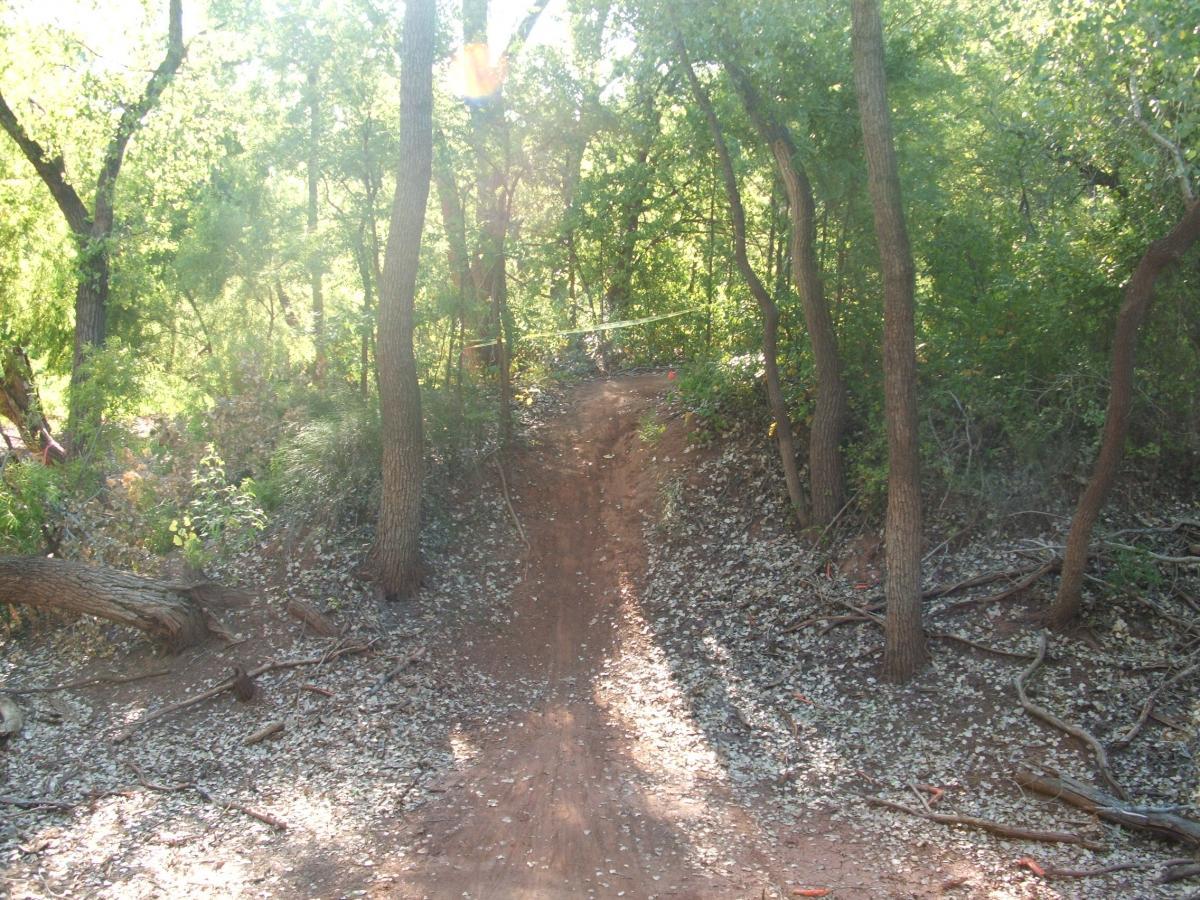 A dirt path winding through a wooded area, surrounded by trees and foliage, with scattered leaves and twigs along the ground. The sunlight filters through the trees, creating a dappled effect on the path. Wee-chi-ta mountain bike trail.