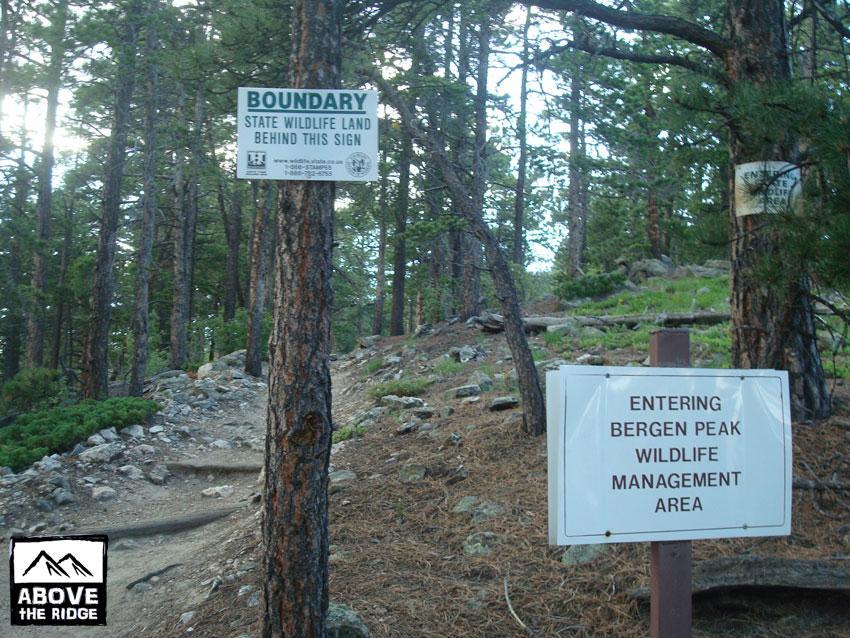 Signage indicating boundaries of wildlife areas in a forested setting, with a path leading into the Bergen Peak Wildlife Management Area. One sign reads "BOUNDARY STATE WILDLIFE LAND BEHIND THIS SIGN," while another announces "ENTERING BERGEN PEAK WILDLIFE MANAGEMENT AREA." The scene is surrounded by trees and rocky terrain. Elk Meadow mountain bike trail.