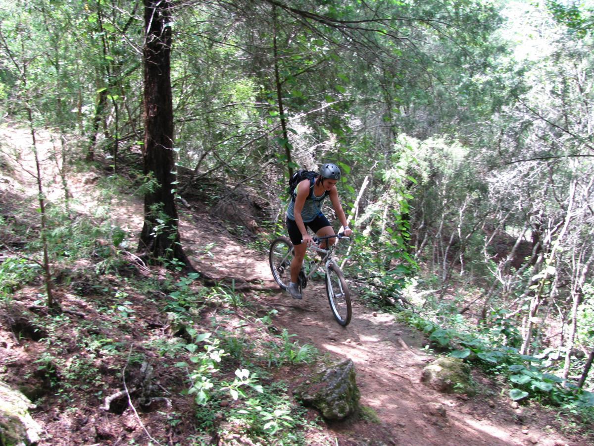 A cyclist navigating a dirt trail through a lush, green forest, surrounded by trees and vegetation. The rider is wearing a helmet and casual biking attire while actively maneuvering the bike on the uneven terrain. Santos mountain bike trail.