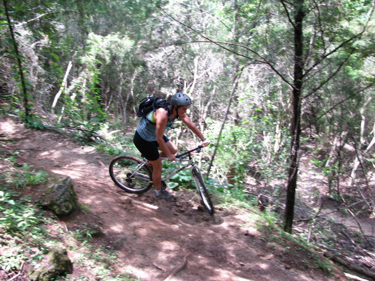A person riding a mountain bike on a dirt trail surrounded by lush greenery and trees in a forested area. The biker is wearing a helmet and a backpack, navigating a narrow path amidst the natural landscape. Santos mountain bike trail.