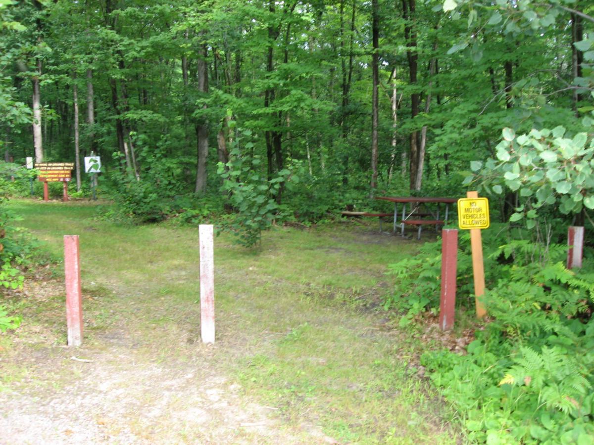 A narrow pathway leading into a wooded area, flanked by tall trees and lush greenery. In the foreground, there are two red posts marking the entrance, alongside a bright yellow sign that reads "No Motor Vehicles Allowed." A picnic table is visible to the side, suggesting a recreational area for visitors. Levis Mounds mountain bike trail.