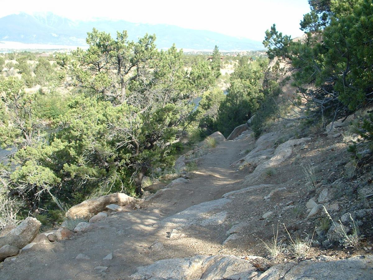 A narrow dirt path winding through a rocky terrain with patches of green shrubs and trees on either side. The background features a distant view of mountains under a clear sky. Midland Hills Trails mountain bike trail.