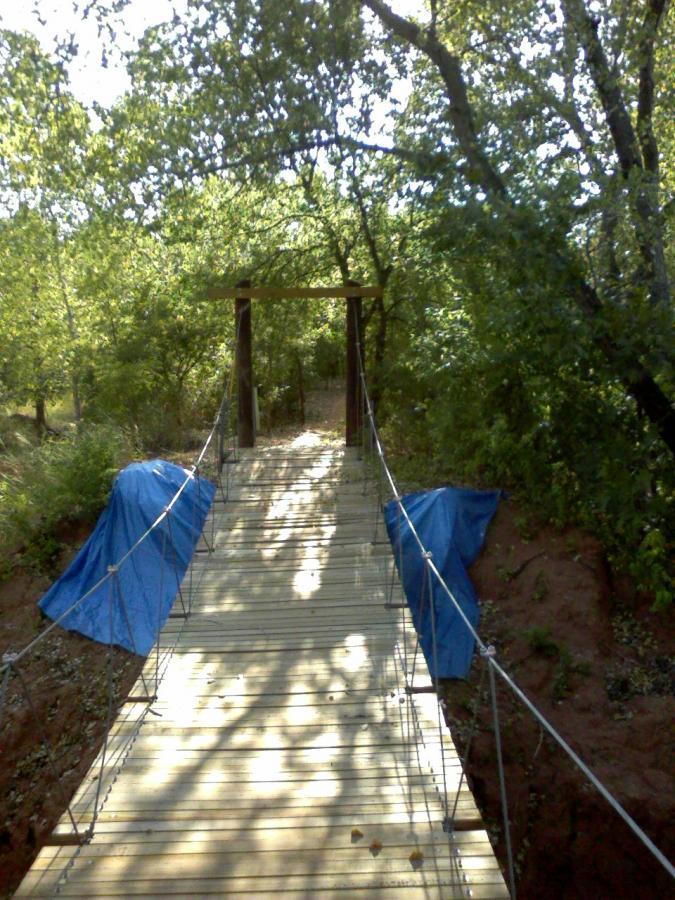 A wooden suspension bridge leads through a lush, green forest. The bridge is partially covered by blue tarps on both sides, and sunlight filters through the trees, casting dappled shadows on the wooden planks. The entrance to the bridge is framed by wooden posts, creating a natural pathway into the surrounding woods. Wee-chi-ta mountain bike trail.