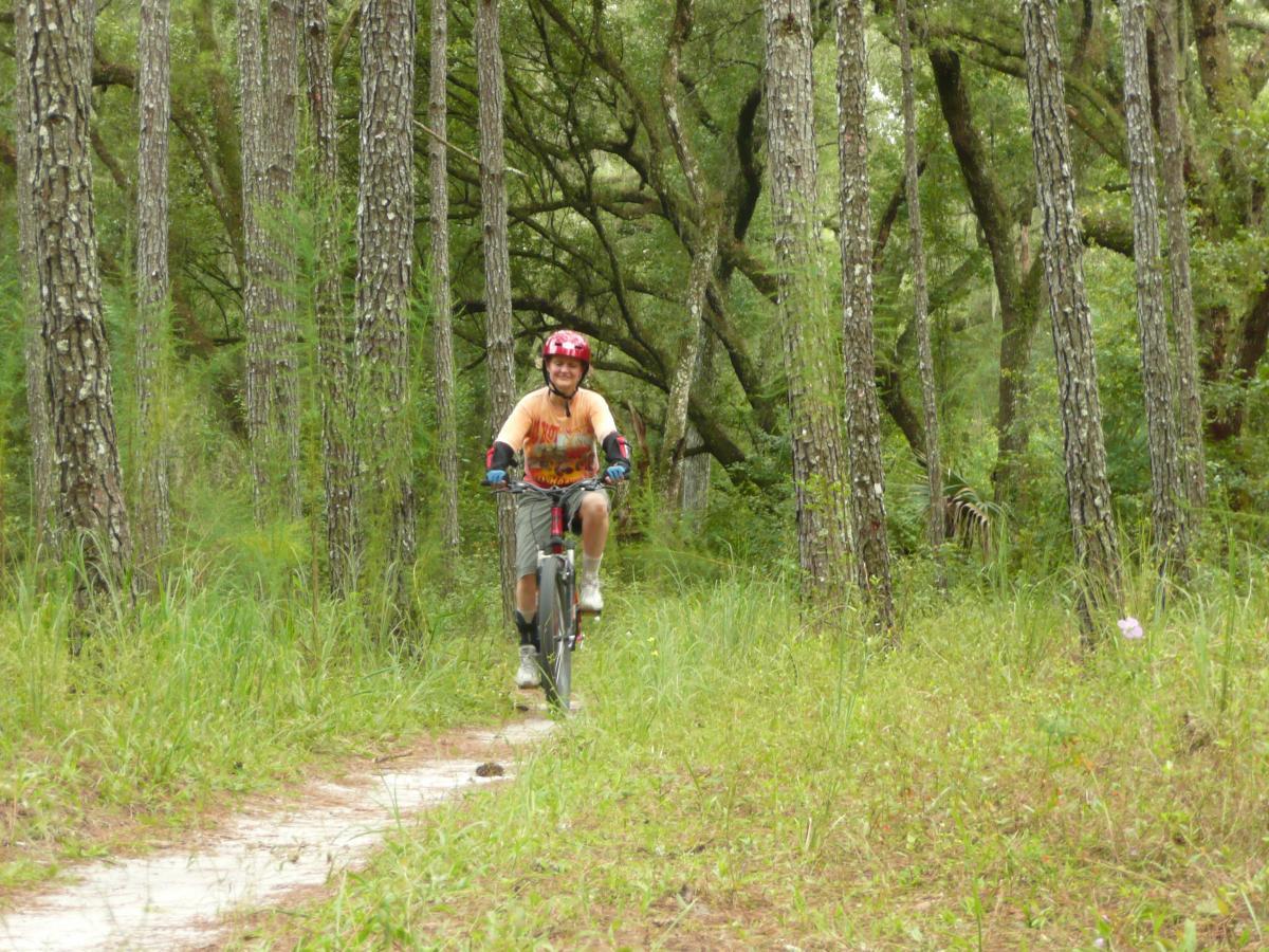 A person riding a mountain bike on a trail surrounded by tall trees and green vegetation. The cyclist is wearing a helmet and gloves, smiling as they navigate the path through the woods. Santos mountain bike trail.