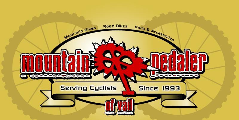 Logo of "Mountain Pedaler" from Vail, featuring a stylized graphic of a bicycle cog and unique typography. The design includes the tagline "Serving Cyclists Since 1993" and highlights categories like mountain bikes, road bikes, parts, and accessories, all set against a yellow background with a subtle wheel graphic.