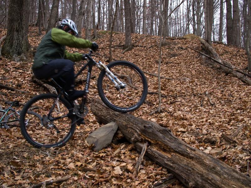 A mountain biker in a green jacket and helmet performing a jump over a log in a wooded area covered with fallen leaves. The setting includes bare trees indicating a late autumn or early winter season. Carvin's Cove Trail system mountain bike trail.