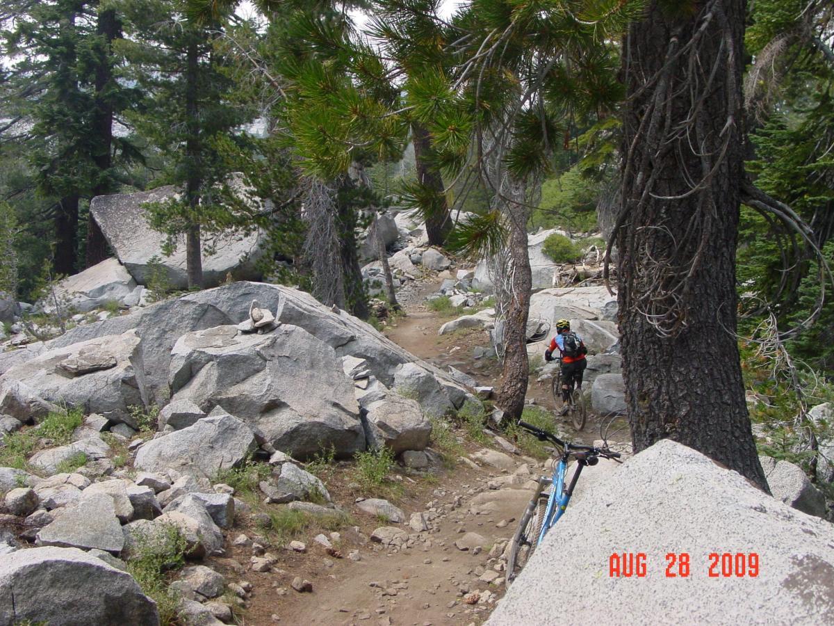 A mountain biker navigating a rocky trail surrounded by tall trees and boulders, with a blue bicycle resting on a large rock in the foreground. The scene captures the rugged beauty of the outdoors. Hole In The Ground mountain bike trail.