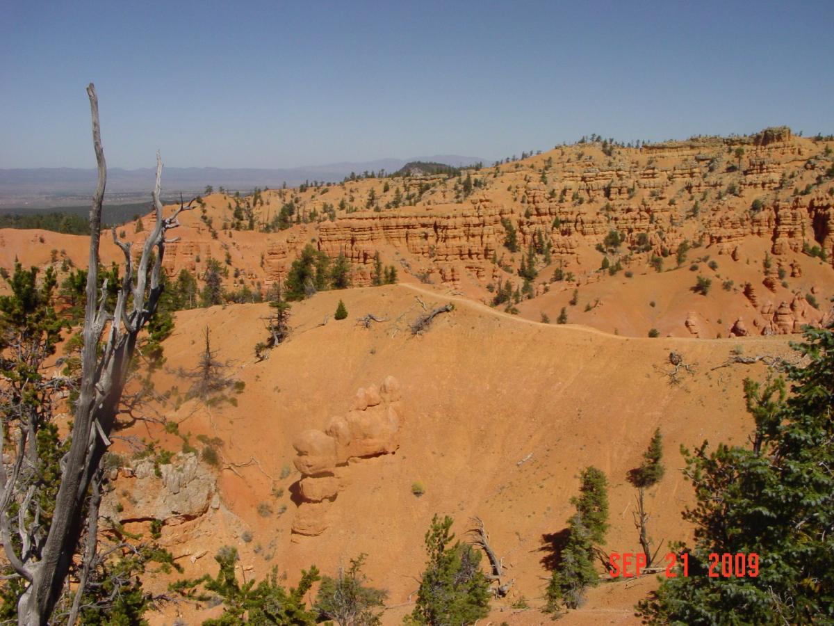 A panoramic view of a desert landscape featuring orange-hued rock formations, rugged terrain, and scattered green trees under a clear blue sky. The scene captures the natural beauty and unique geological features of the area. Thunder Mountain mountain bike trail.