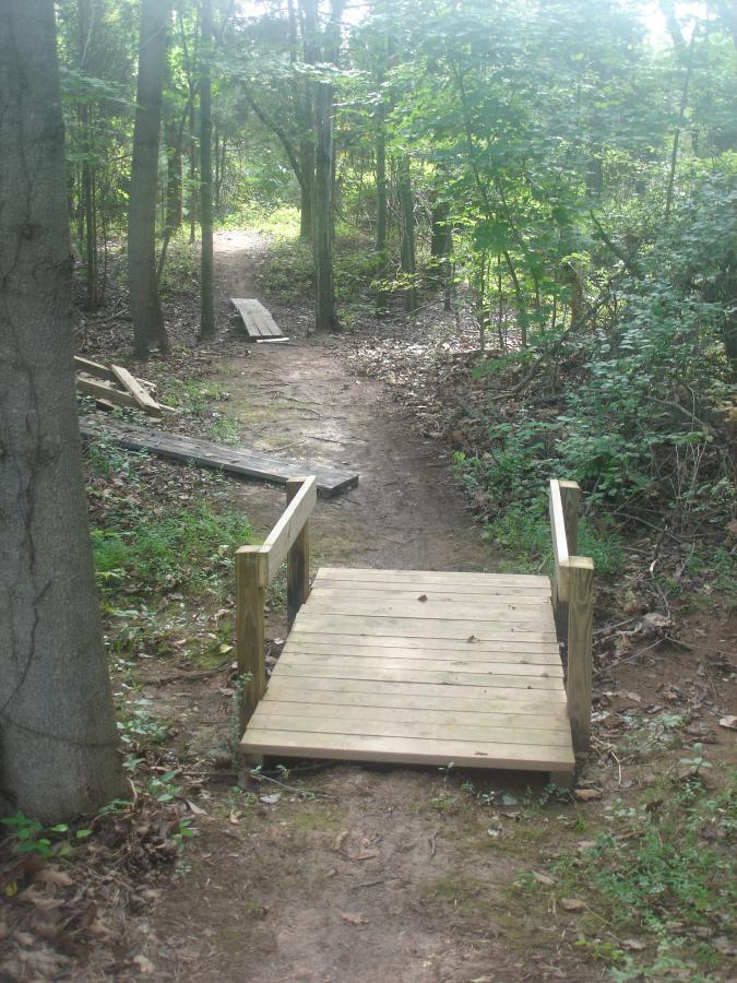 A small wooden bridge spans a narrow path in a forested area, surrounded by trees and greenery. The trail extends into the distance, with some planks of wood visible on the ground nearby. Sunlight filters through the leaves, creating a peaceful, natural atmosphere. Signal Hill mountain bike trail.
