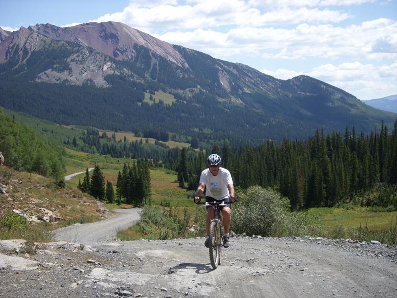 A mountain biker pauses on a gravel path surrounded by lush greenery and towering mountains. The landscape features a mix of coniferous trees and open fields, with a winding road visible in the background under a partly cloudy sky. Trail 401 mountain bike trail.