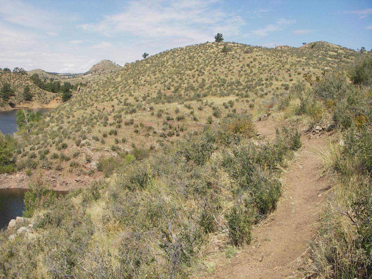 A scenic view of a hilly landscape featuring sparse vegetation and a winding dirt path. In the foreground, brown earth and green shrubs are visible, while a tranquil body of water is seen to the left. The background includes rolling hills under a partly cloudy blue sky. Curt Gowdy State Park mountain bike trail.