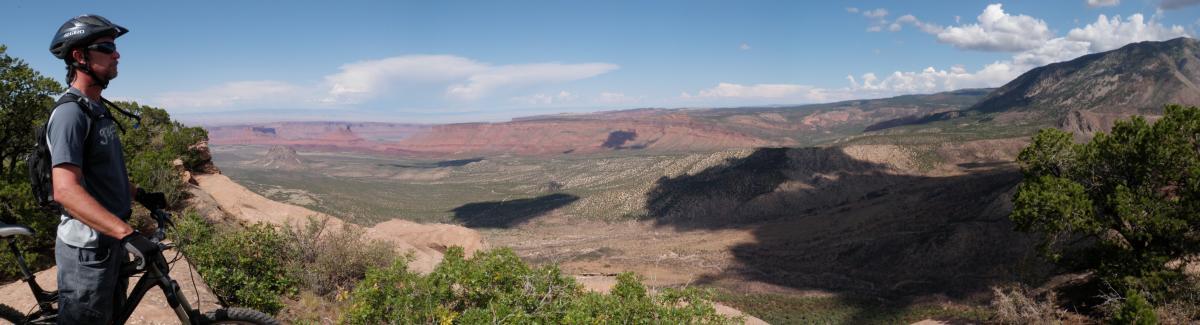 A mountain biker stands on a rocky overlook, gazing at a vast canyon landscape with red rock formations and rolling hills under a blue sky. Green shrubs and plants are visible in the foreground, adding to the natural scenery. The Whole Enchilada mountain bike trail.